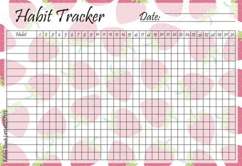 Habit tracker set icon. Beige strawberry pattern with grid layout for tracking daily routines and goals throughout the month in a soft fruity theme.