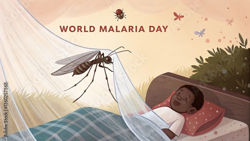 A symbolic malaria awareness illustration depicting mosquito net protection concept.
