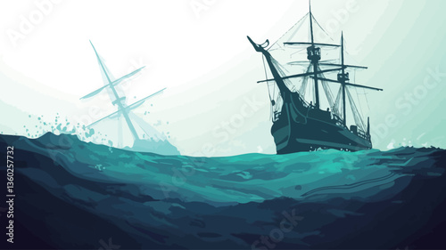 The image depicts two sailing galleons on a turbulent sea.  The foreground is dominated by dark teal waves, creating a sense of depth and movement. One galleon is prominently featured in the