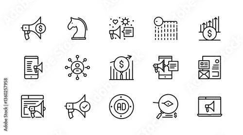 Sales and Marketing line icon set. SEO, promotion, sales dashboard, report, targeting, ad, sales funnel, and Sales strategy outline icon collection. UI thin outline icon pack