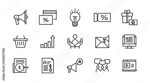 Sales and Marketing line icon set. SEO, promotion, sales dashboard, report, targeting, ad, sales funnel, and Sales strategy outline icon collection. UI thin outline icon pack