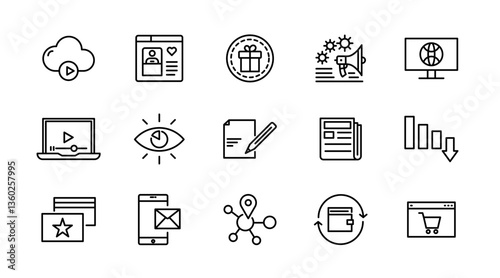 Sales and Marketing line icon set. SEO, promotion, sales dashboard, report, targeting, ad, sales funnel, and Sales strategy outline icon collection. UI thin outline icon pack