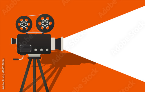 Film screening set icon. Vintage camera projects white light on purple background. Represents cinema, projection, film, media arts, and video creation.