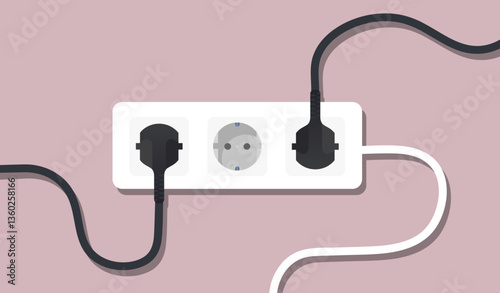 Electricity set icon. Power strip with two plugs and two empty sockets represents partial usage, home energy setup, electric safety, and network availability.