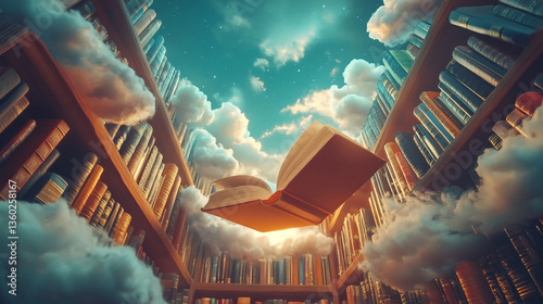 Surreal Book Floating in Dreamlike Library, Clouds, Stars, Fantasy Literature