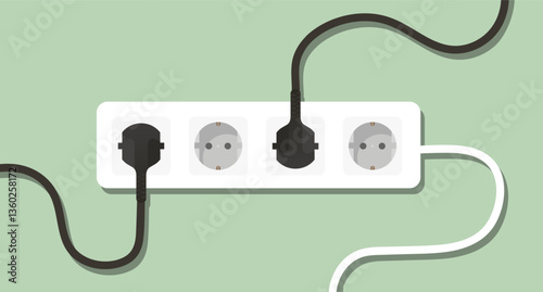 Electricity set icon. Power strip with two plugs and two empty sockets represents partial usage, home energy setup, electric safety, and network availability.