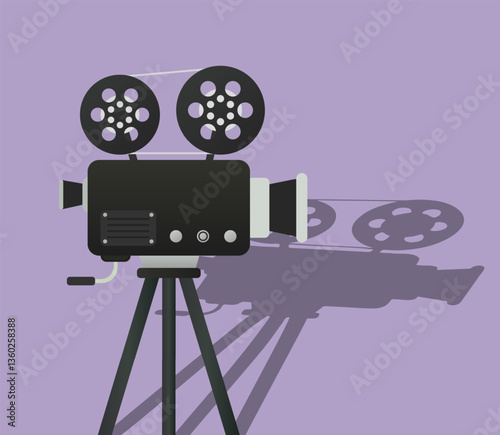 Filmmaking set icon. Vintage film projector on tripod casting shadow. Represents cinema industry, recording, storytelling, and traditional video production equipment.