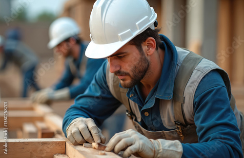 Construction worker wearing hard hat, working with wood on construction site. Builder carpenter wearing safety gear working building new house, using hands. Focus on the professional.