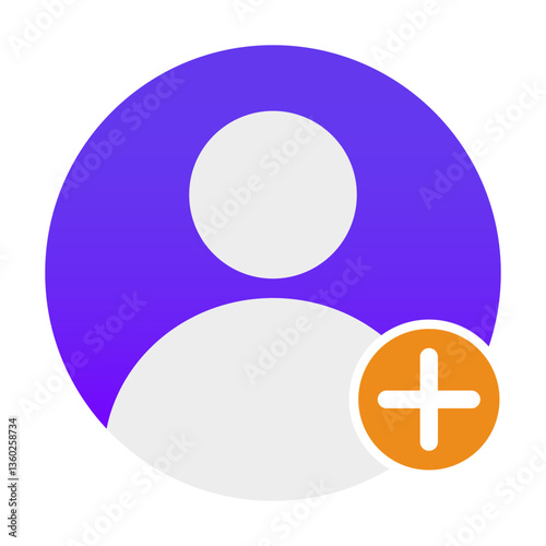 Profile set icon. User silhouette with plus sign indicates account creation, registration, new member, social profile, and contact addition.