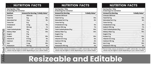 Nutrition chart design for healthy food facts, nutrition fact, supplement facts, nutrition facts database, nutrition facts label, vector.