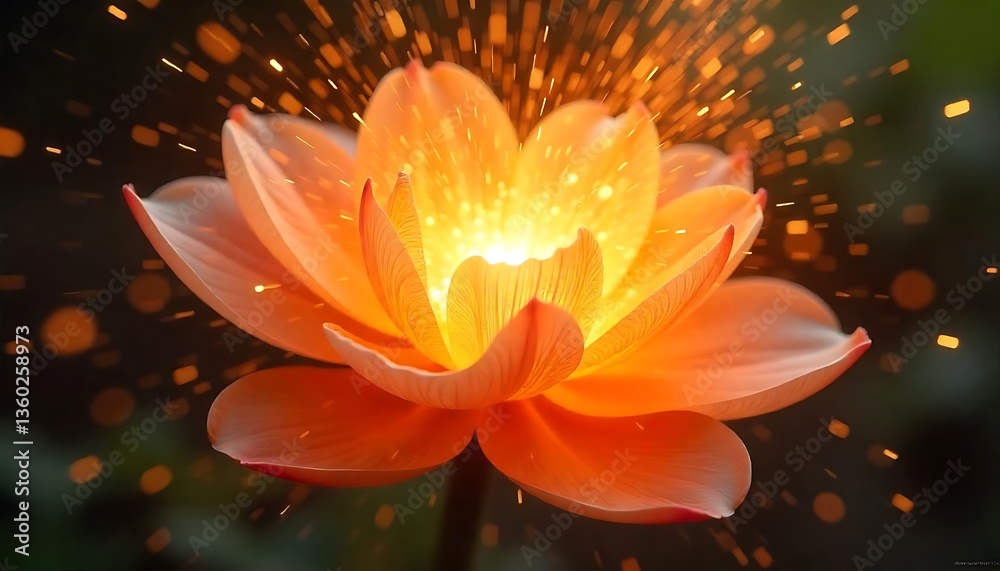 Glowing orange lotus flower with illuminated petals and golden sparkles Glowing orange lotus flower with illuminated petals and golden sparkles