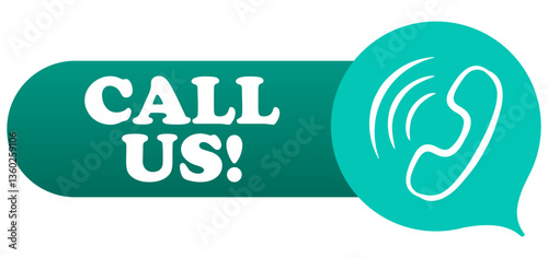 Contact set icon. Phone handset in blue bubble with phrase Call us shows customer support, communication, inquiry, phone call service, assistance, help line, hotline availability.