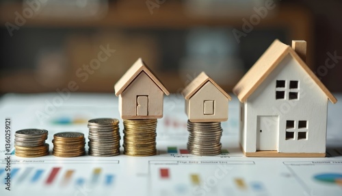 Rising real estate costs concept. Wooden houses sit atop stacks of coins. Charts, graphs document home value increasing. Financial, economic challenges, crisis. Housing market, mortgage, investment, photo