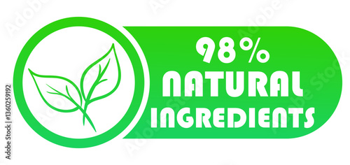 Eco set icon. Bold text 98 natural ingredients in green highlights sustainability, organic composition, eco-friendly product, clean formula, safe for skin and environment.