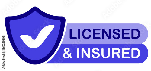 Safety set icon. Green shield with checkmark and phrase Licensed insured indicates protection, verified service, legal compliance, certified company, secure solution.