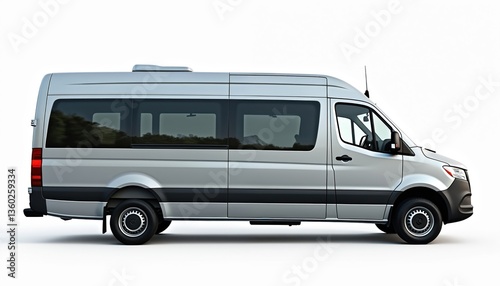 Modern silver minibus isolated on white background. Side view on commercial passenger van. Transportation vehicle for travel, tour. Minivan for business or family trip. Tour, tourism.