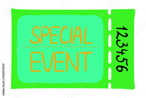 Ticket set icon. Bold text Special event on purple ticket signals invitation, celebration, show, entertainment access, reserved seat, limited occasion, admission.