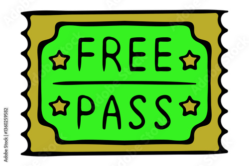 Ticket set icon. Bright orange and purple label with stars and text Free pass symbolizes promotional access, giveaway, entertainment, entry, discount campaign.