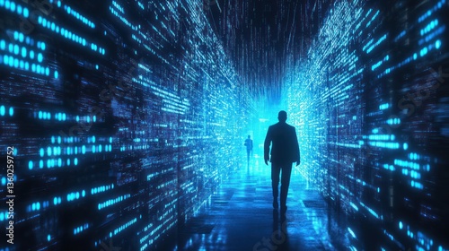 Data Stream Navigator: Silhouette Walking in a Blue Digital Information Corridor