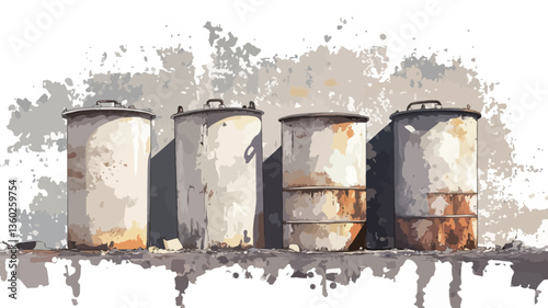 The image depicts four large cylindrical metal containers, appearing aged and weathered.  The containers are light grey with varying degrees of rust and discoloration, primarily concentrated at the