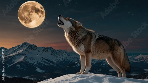 Wolf in the mountains at night with full moon. 3d rendering