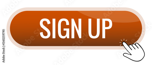 Button set icon. Gold interface button with hand pointer and bold text Sign Up indicates call-to-action, registration form, interactive UI, account creation, online joining.