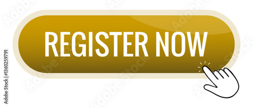 Button set icon. Gold button with text Register now and click hand icon for call-to-action, subscription, form, signup process, promotion, web interface, digital UI.