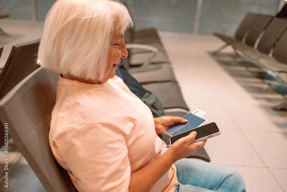 Happy blonde hair Elderly female tourist with a backpack with a passport while waiting for the passport check of the tourist at the airport. High quality photo