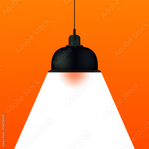 Lighting set icon. Black ceiling lamp with white beam on red background symbolizes attention, focus, idea illumination, dramatic mood, creative environment.