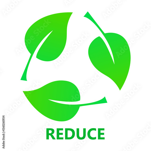 Ecology set icon. Leaves forming a triangular shape labeled reduce promote eco-lifestyle, natural resource saving, environmental awareness.