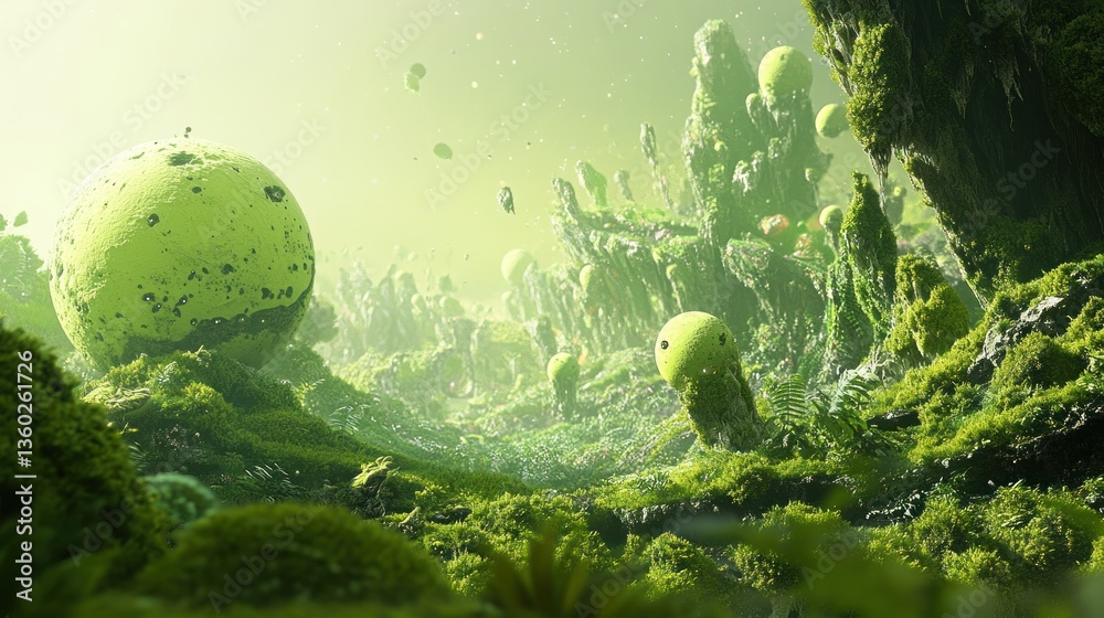 Fototapeta premium Lush, otherworldly landscape with vibrant green moss, surreal rocks, and glowing orbs.