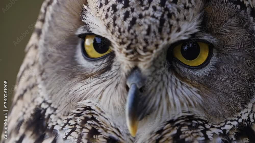 Closeup sequence of a great horned owl's intense stare with focus on sharp yellow eyes Closeup sequence of a great horned owl's intense stare with focus on sharp yellow eyes