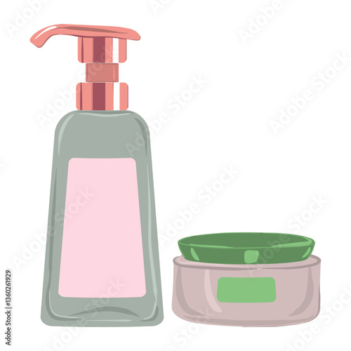 Skincare set icon. Pump bottle and round jar represent daily skin routine, moisturizing, beauty, body care, and cosmetic application.
