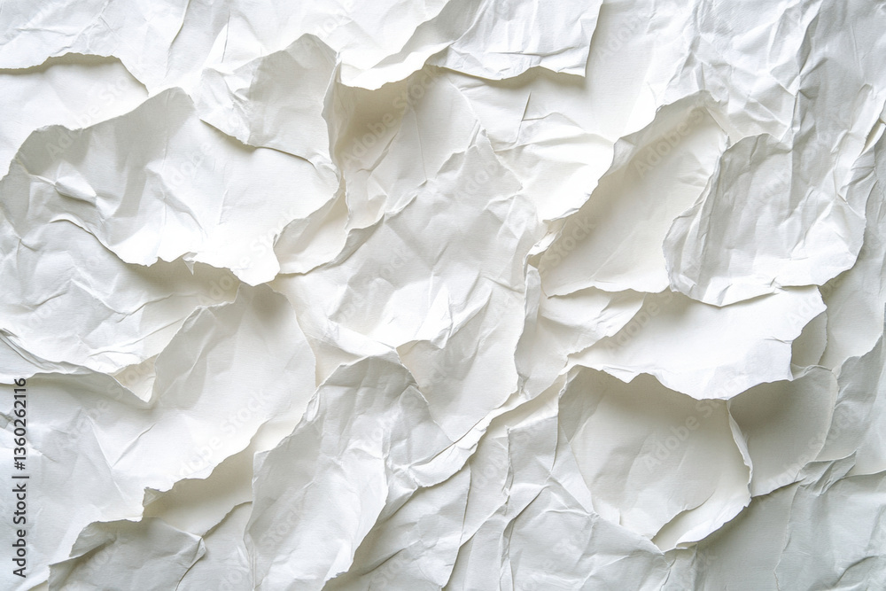 Fototapeta premium White crumpled paper background with soft shadows, creating texture and depth.