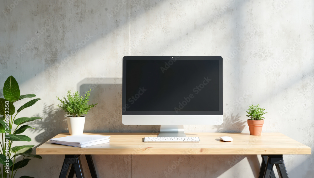 minimalistic home office on the background of a concrete wall minimalistic home office on the background of a concrete wall