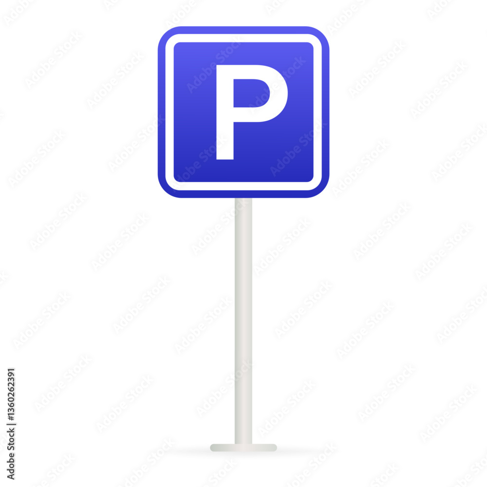Parking sign set icon. Blue board with white letter indicates vehicle zone, public parking, transport area, and road navigation. Parking sign set icon. Blue board with white letter indicates vehicle zone, public parking, transport area, and road navigation.