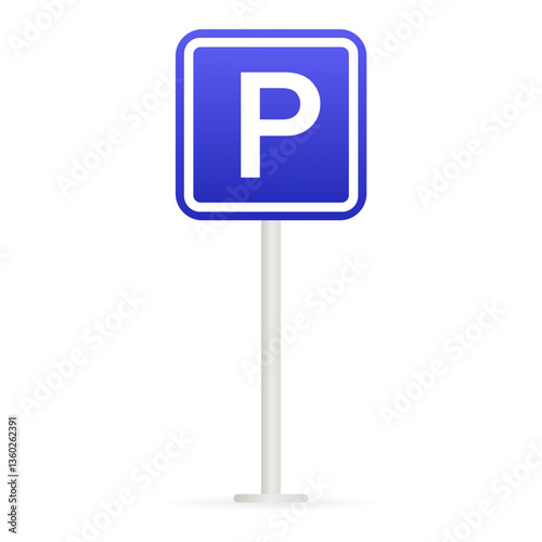 Parking sign set icon. Blue board with white letter indicates vehicle zone, public parking, transport area, and road navigation.
