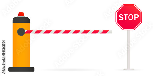 Security checkpoint set icon. Barrier with stop sign shows restricted area, vehicle control point, and access regulation.
