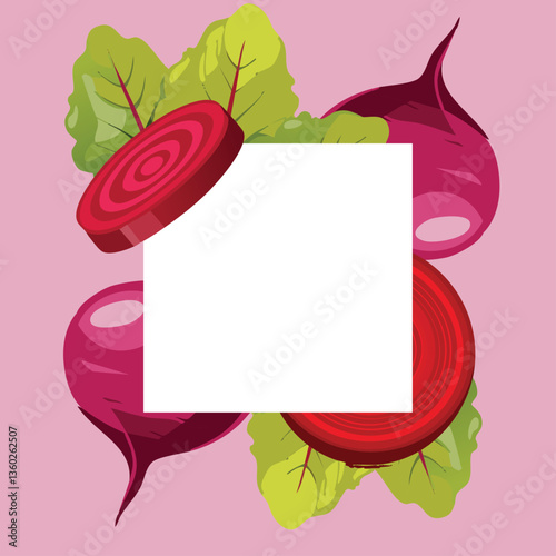 A whole beetroot surrounded by slices, arranged around a clean white patch in the center..