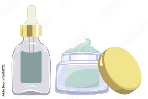 Cosmetic set icon. Dropper bottle and open cream jar suggest skincare application, face care, and beauty essentials.