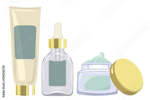 Skincare set icon. Tube, dropper, and cream jar illustrate personal care, face treatment, and cosmetic routine.