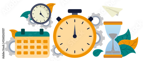 Productivity time set icon. Stopwatch, calendar, gear and clock show teamwork process, organization and work routine.