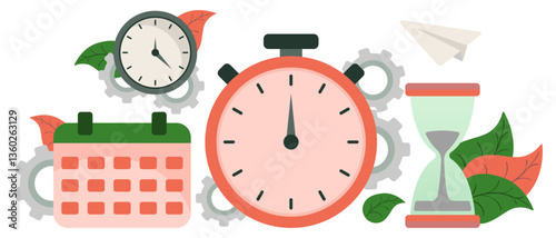 Productivity time set icon. Stopwatch, calendar, gear and clock show teamwork process, organization and work routine.