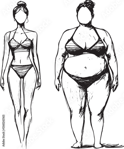 set of fashion sketch of a skinny and overweight woman