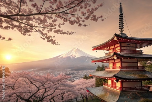 Cherry Blossoms Bloom Near Mount Fuji During Sunset Generative AI