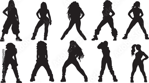 set of vector silhouettes of hip hop dancing women