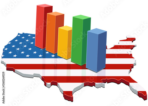 3D map of the United States in the colors of the American flag with one of the multicolored statistic bars placed on it (cut out)