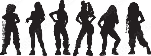 set of vector silhouettes of hip hop dancing women