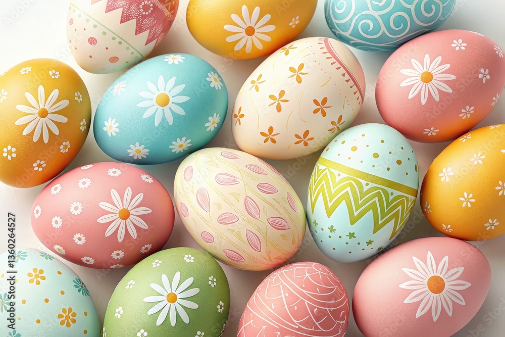 Fototapeta premium Colorful Decorated Eggs Arranged on a White Surface Generative AI