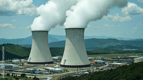 Cooling towers producing steam at a nuclear power plant surrounded by green hills and blue sky